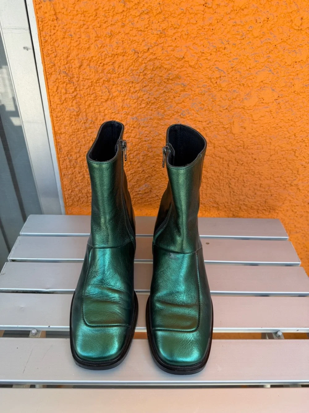 L-Intervalle Metallic Emerald‎ Green Stitched Ankle Boots Low Block Heel Zipper